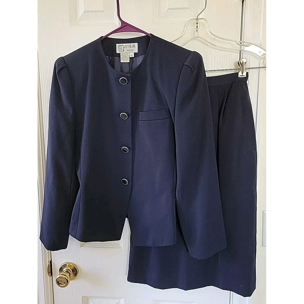 Atrium Petite Skirt Suit Size 5/6 Jacket 3/4 Skirt Blue Pockets Lined Vintage